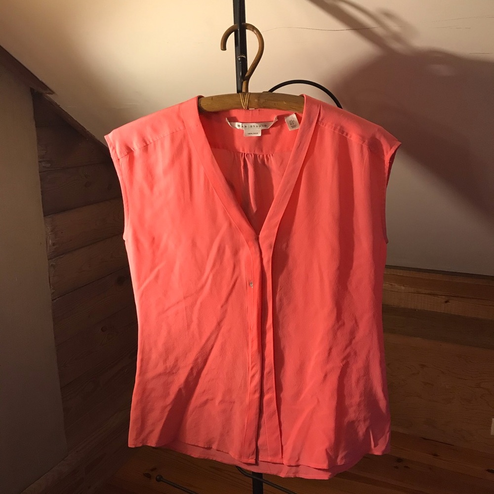 Max Studio Coral Pink Silk Button Down Sleeveless Blouse, EUC, S